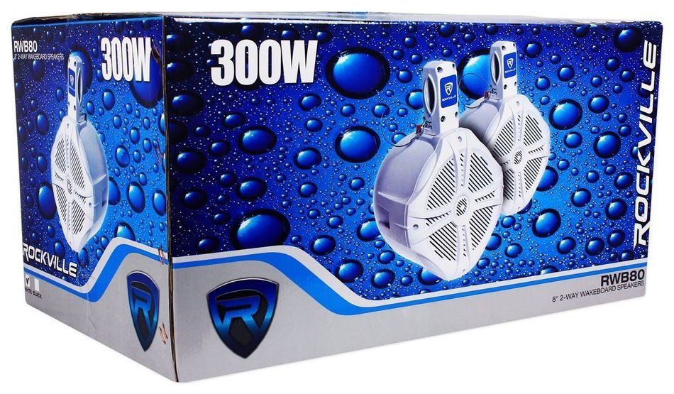 Package: (2) Pairs of Rockville RWB80W 8" White WakeBoard Tower Speakers Totaling 1200W + Rockville RXM-F4 Marine... N4