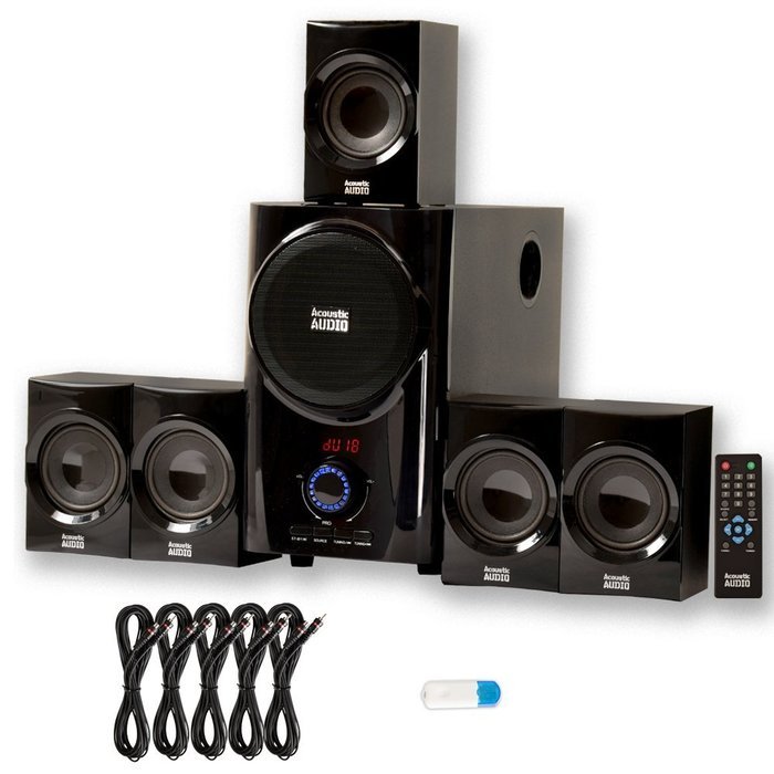 Acoustic Audio AA5160 Home Theater 5.1 Speaker System with USB Bluetooth FM and 5 Extension Cables N2