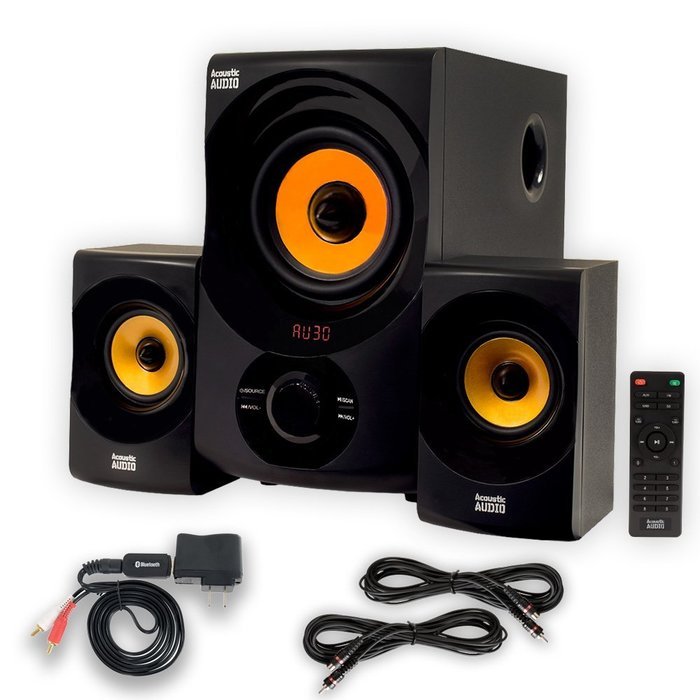 Acoustic Audio AA2170 Home 2.1 Speaker System with Bluetooth FM Tuner USB Multimedia and 2 Ext. Cables