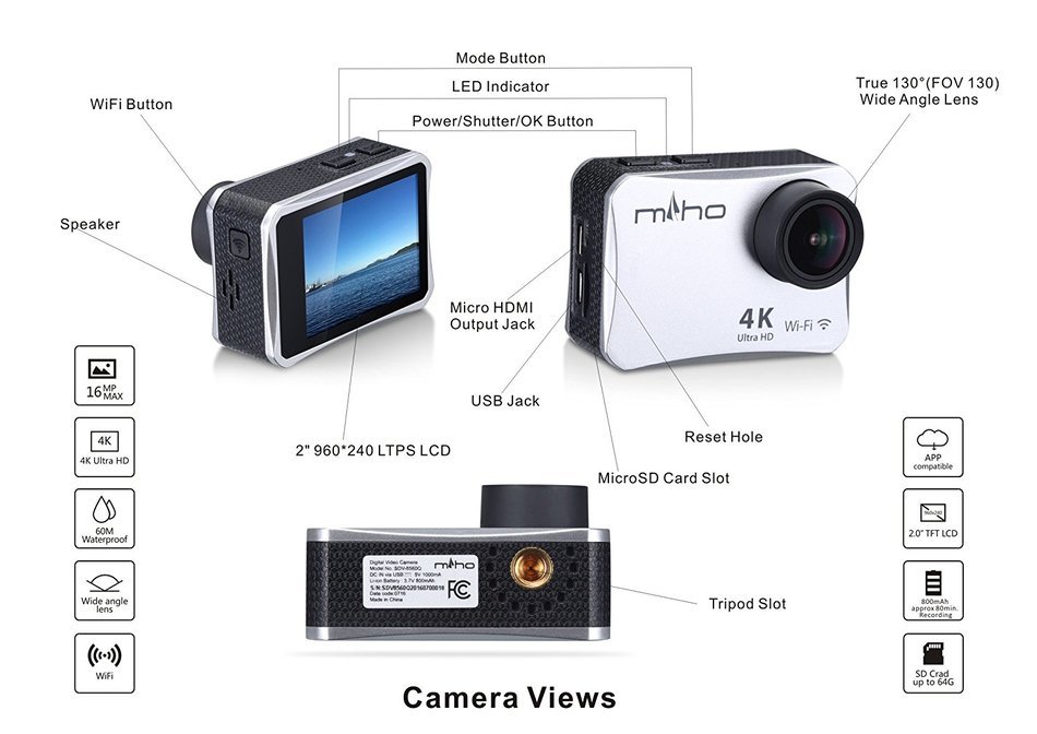 Miho SDV-8560Q 4K UHD Waterproof WiFi Sports Action Camera w/ Sony Sensor 2.0" HD LCD Wide Angle Lens App Remote... N11