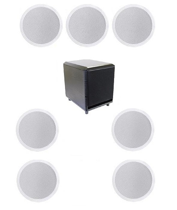 7.1 Home Theater Flush Inwall Speaker Package with Amplified Subwoofer- Seven Flush Ceiling 6.5" 2-way Speakers...