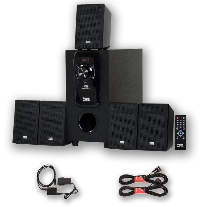 Acoustic Audio AA5150 Home 5.1 Speaker System with Optical Input FM Tuner and 2 Extension Cables N2