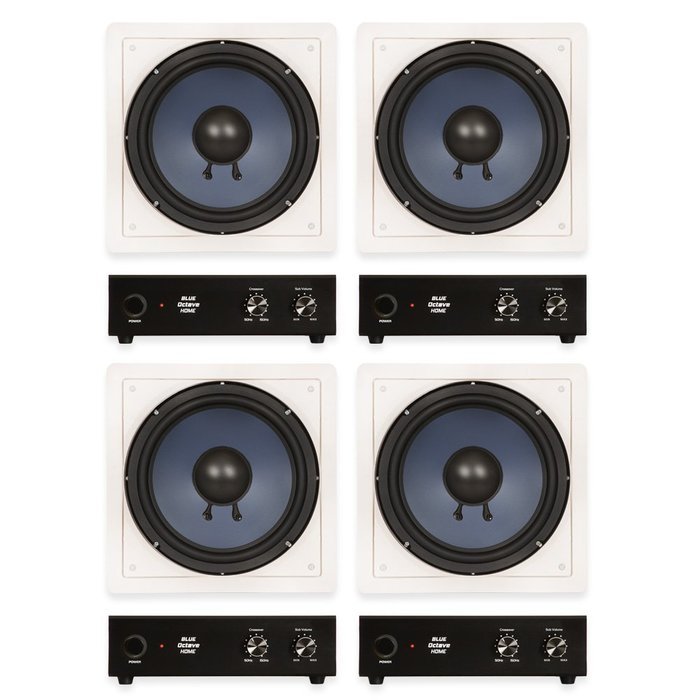 Blue Octave RW10 In Wall 10" Passive Subwoofer Speakers Home Theater 4 Sub and 4 Amp Set