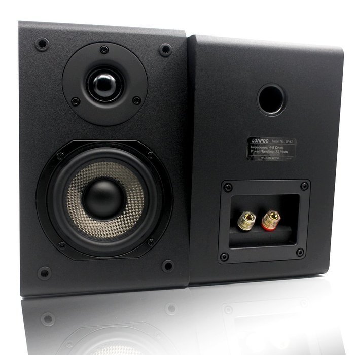 LONPOO W73 Bookshelf Speakers 2-Way with 4-Inch Carbon Fiber and Silk Dome Tweeter(Black, Pair)