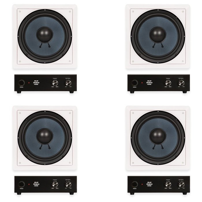 Blue Octave BDW10 In Wall 10" Passive Subwoofer Speakers Home Theater 4 Sub and 4 Amp Set