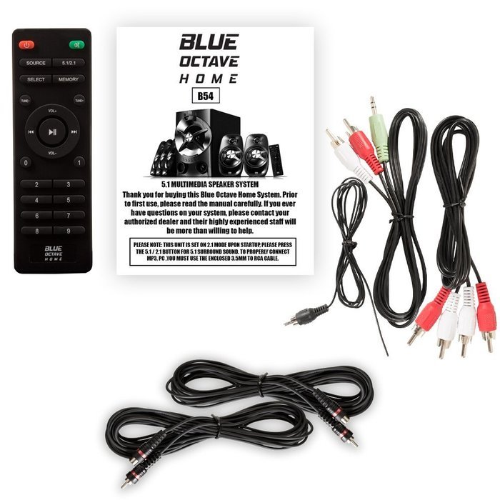Blue Octave B54 Home Theater 5.1 Bluetooth Speaker System with FM Tuner USB and 2 Extension Cables N2