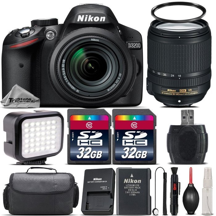 Nikon D3200 DSLR 24.2MP Camera in Black + Nikon 18-140mm VR Lens + 64GB Storage + LED Kit + Case + UV Filter +...