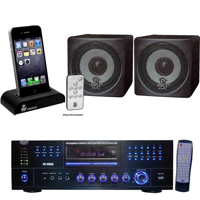 Pyle Receiver, Dock and Speaker Package - PD1000A 1000 Watt AM-FM Receiver w/ Built-in DVD/MP3/USB - PCB3BK 3'...