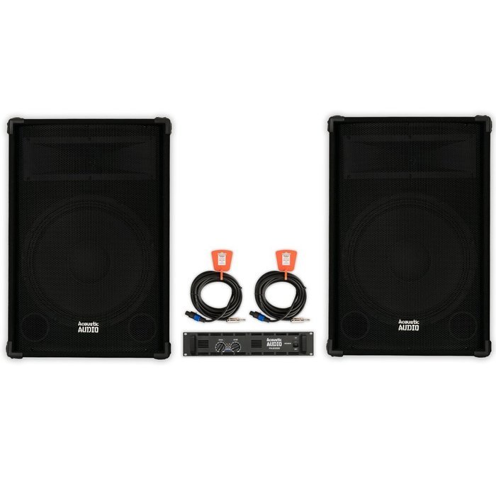 Acoustic Audio DR15 Pro 15" Speaker Pair, Amp and Cables PA DJ Karaoke Band 1400 Watts 2 Way New DR15-PK3 N5