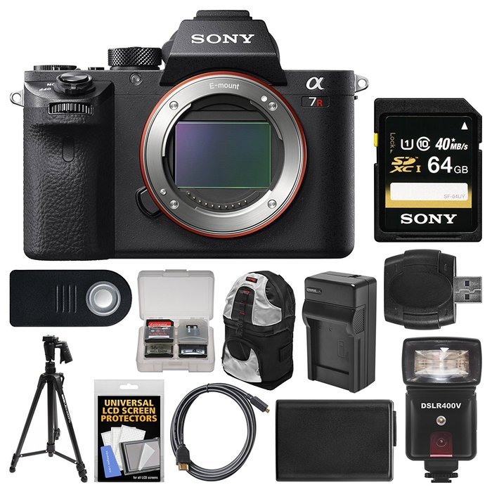 Sony Alpha A7R II 4K Wi-Fi Digital Camera Body with 64GB Card + Backpack + Flash + Battery & Charger + Tripod...
