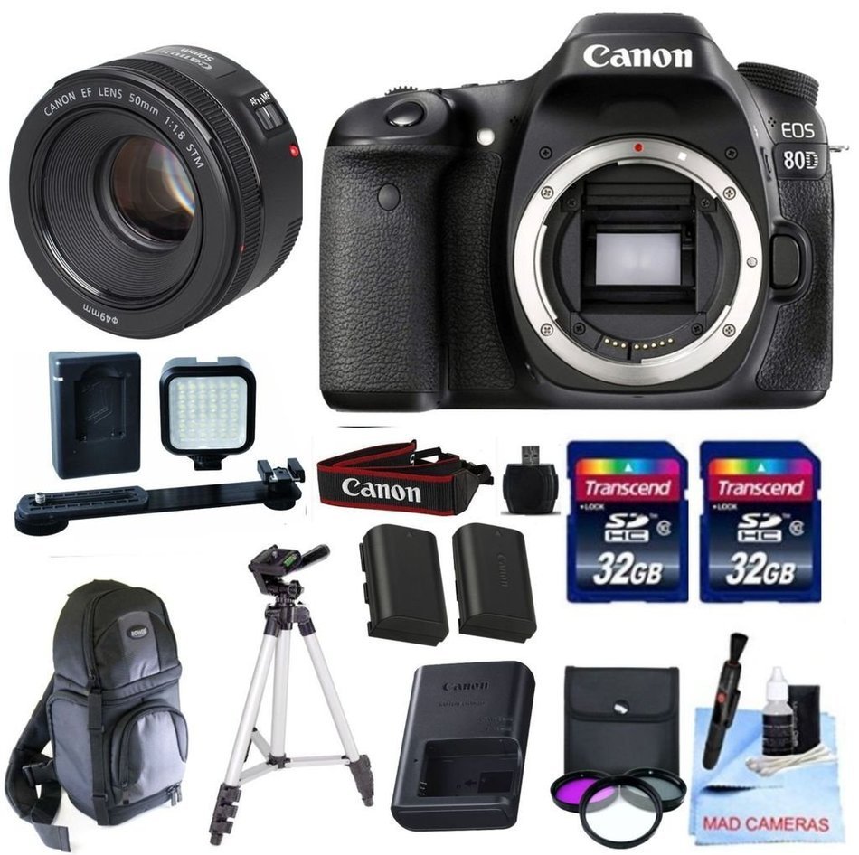 Canon EOS 80D Body Kit + Canon 50mm 1.8 STM Video/ Portrait Lens + 2 32GB Transcend SD Memory Cards + LED Video...