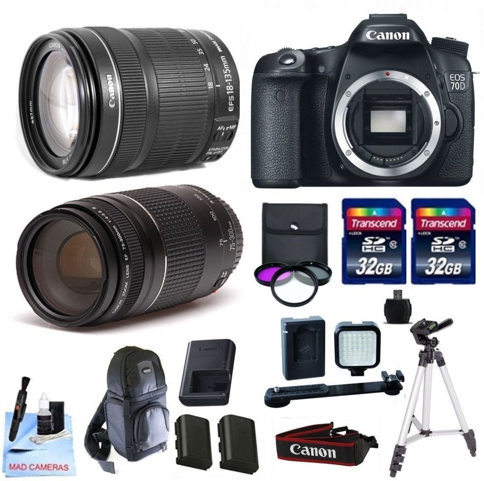 Canon 70D + Canon 18-135mm IS STM + Canon 75-300mm III + 2 32GB Transcend SD Memory Cards + LED Video Light +...