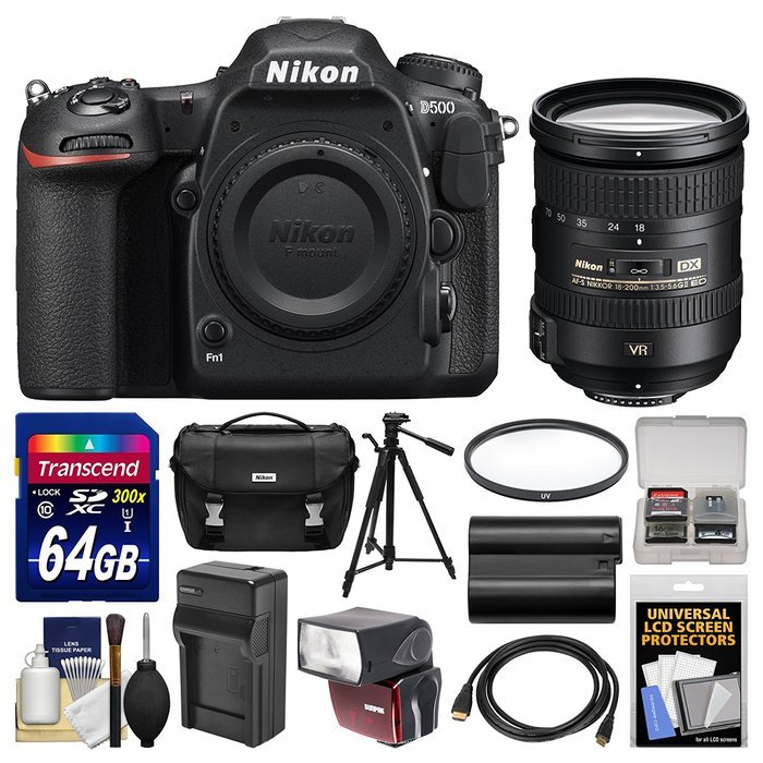 Nikon D500 Wi-Fi 4K Digital SLR Camera Body with 18-200mm VR II Lens + 64GB Card + Case + Flash + Battery & Charger...