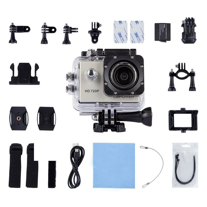 DBPOWER EX3000 Waterproof Action Camera 12MP 720P with 2 Batteries and Free Accessories Kit (Silver) N2