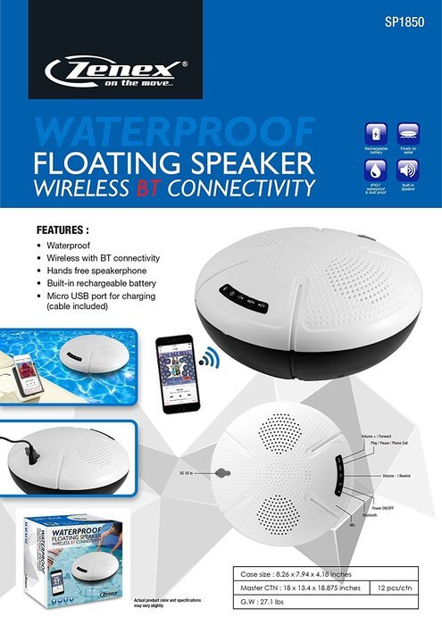 Zenex SP1850 Waterproof Floating Wireless Audio System Adapter, White N4