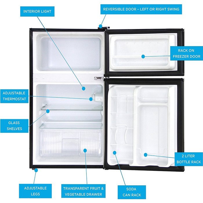 Avalon by Keyton Refrigerator & Freezer with Double Doors - 3.1 Cubic Feet, Compact, Adjustable Legs, Interior... N4