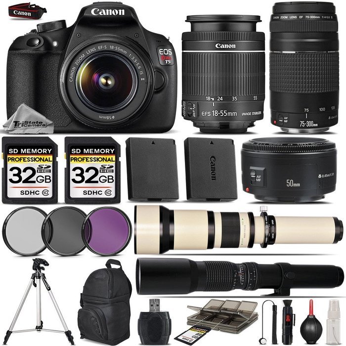Canon EOS Rebel T5 DSLR Camera + Canon 18-55mm IS Lens + Canon 75-300mm + Canon 50mm 1.8 Lens + 650-1300mm Zoom...
