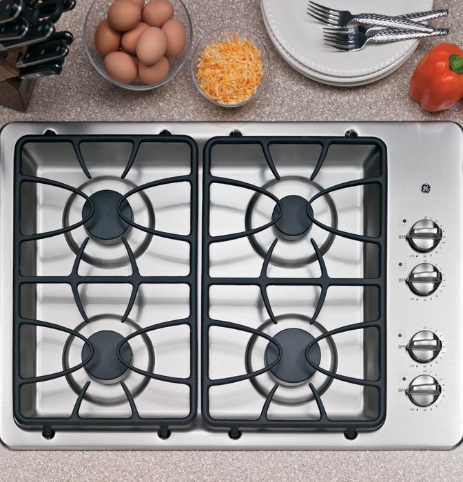 30" Wide 4 Sealed Burner Gas Cooktop Matte Grates Dishwasher-Safe Grates and Knobs Continuous Grates: Stainless N3