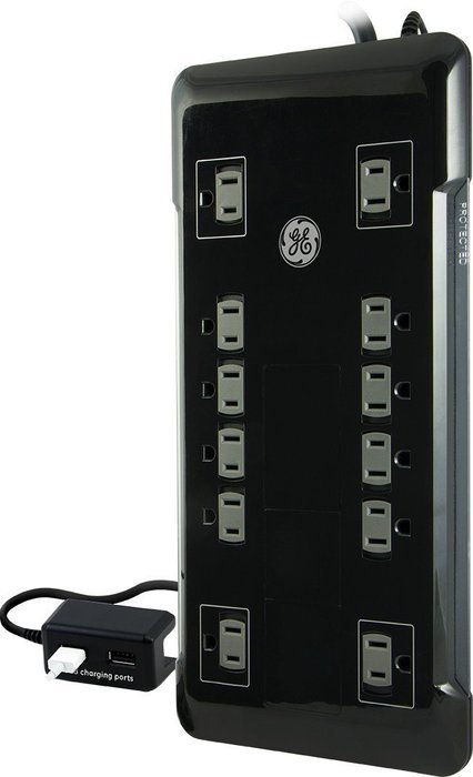 GE 11824 Surge, 12 Outlets, 4320J, 8' Cord, Desktop USB, 2 Ports, 2.1A, Safety Covers, Black