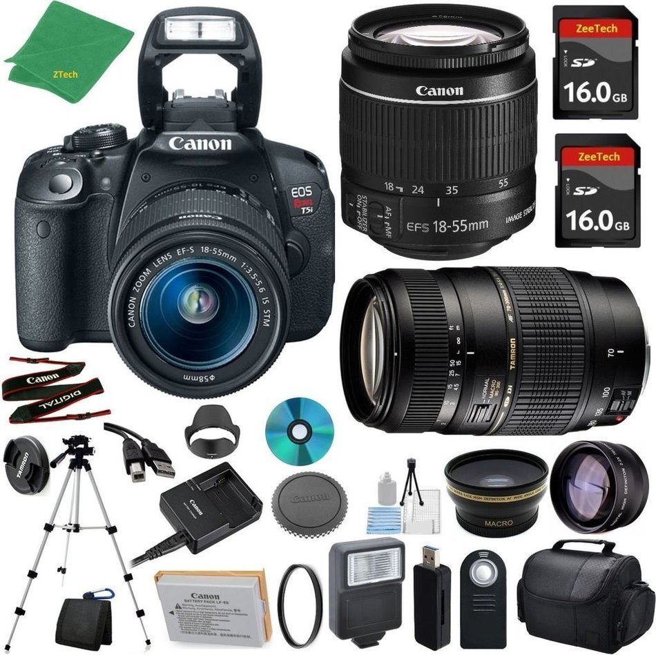 Canon T5i Camera with 18-55mm IS STM + Tamron 70-300mm AF Lens + 2pcs 16GB Memory + Case + Reader + Tripod + ZeeTech...