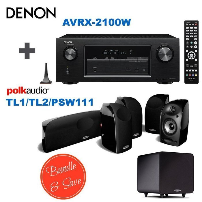 Denon AVR-X2100W 7.2 Channel Full 4K Ultra HD A/V Receiver with Bluetooth and Wi-Fi + 4 Polk Audio TL 1 Satellite...