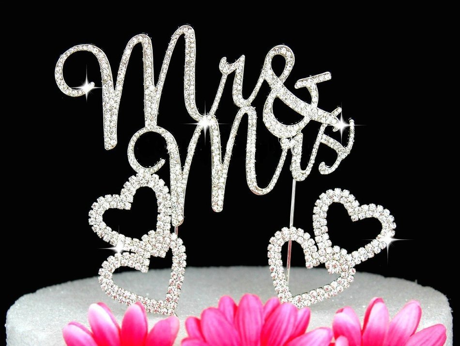 Mr & Mrs Monogram Cake Toppers Crystal Wedding Cake Topper Bling (Silver Swirl with hearts)