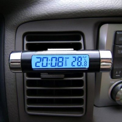 Car Gadgets Car LCD Clip-on Digital Back Light Automotive Clock with Thermometer/Clock - Black
