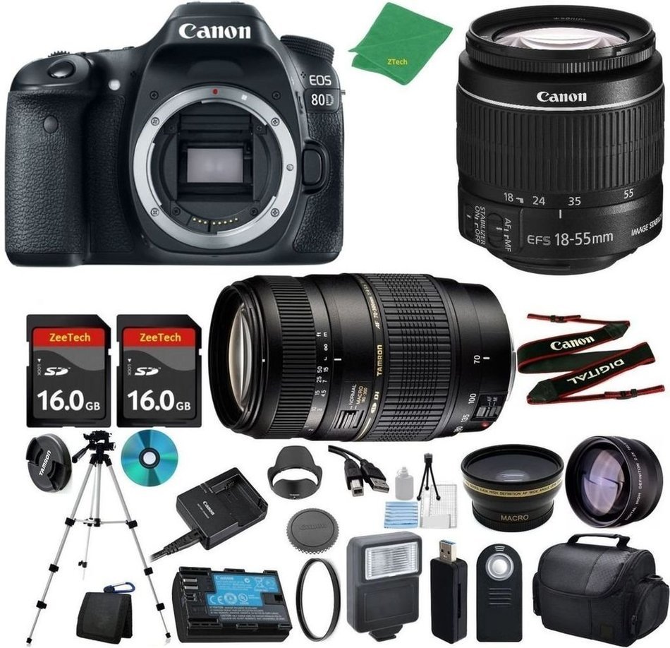 Canon EOS 80D Camera with 18-55mm IS STM + Tamron 70-300mm AF + 2pcs 16GB Memory + Case + Reader + Tripod + ZeeTech...