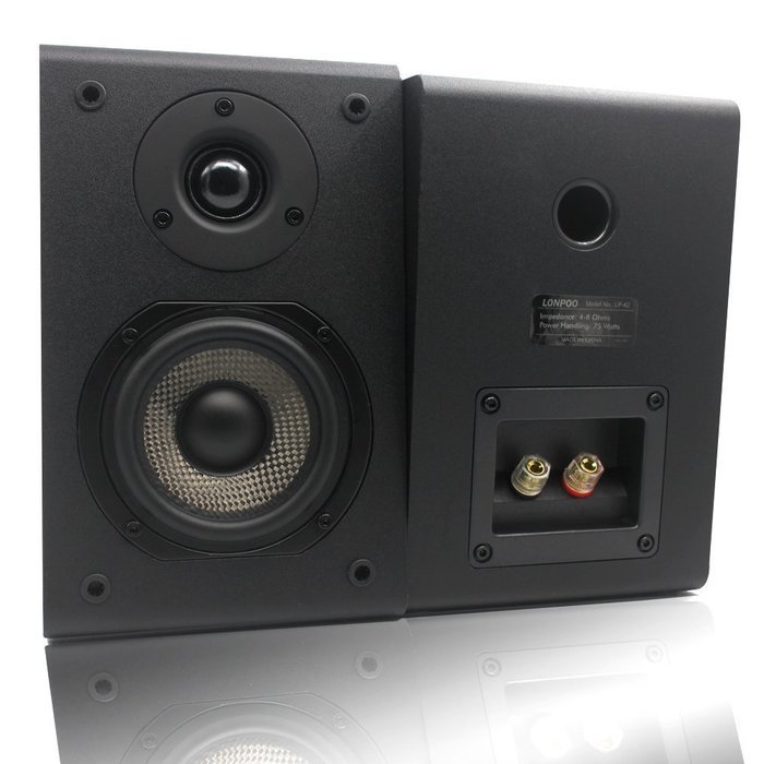 LONPOO W73 Bookshelf Speakers 2-Way with 4-Inch Carbon Fiber and Silk Dome Tweeter(Black, Pair) N5
