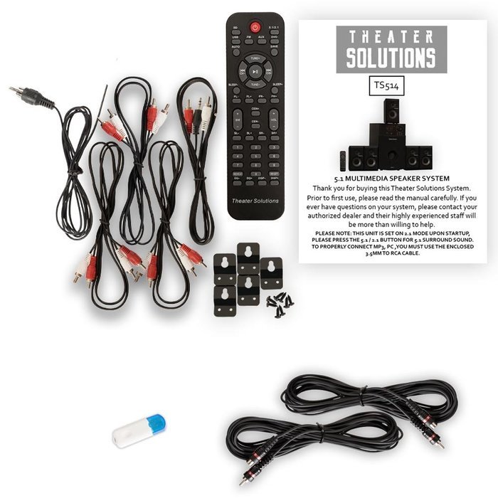 Theater Solutions TS514 Home 5.1 Speaker System with USB Bluetooth FM Tuner and 2 Extension Cables N2