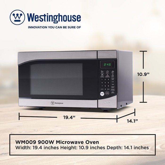 Westinghouse WM009 900 Watt Counter Top Microwave Oven, 0.9 Cubic Feet, Stainless Steel Front with Black Cabinet N8