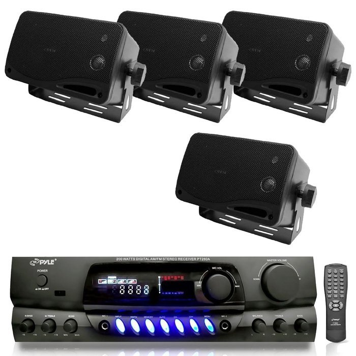 Pyle Stereo Receiver with Waterproof Speaker Package - 200 Watts Digital AM/FM Stereo Receiver Amplifier - 4 X...