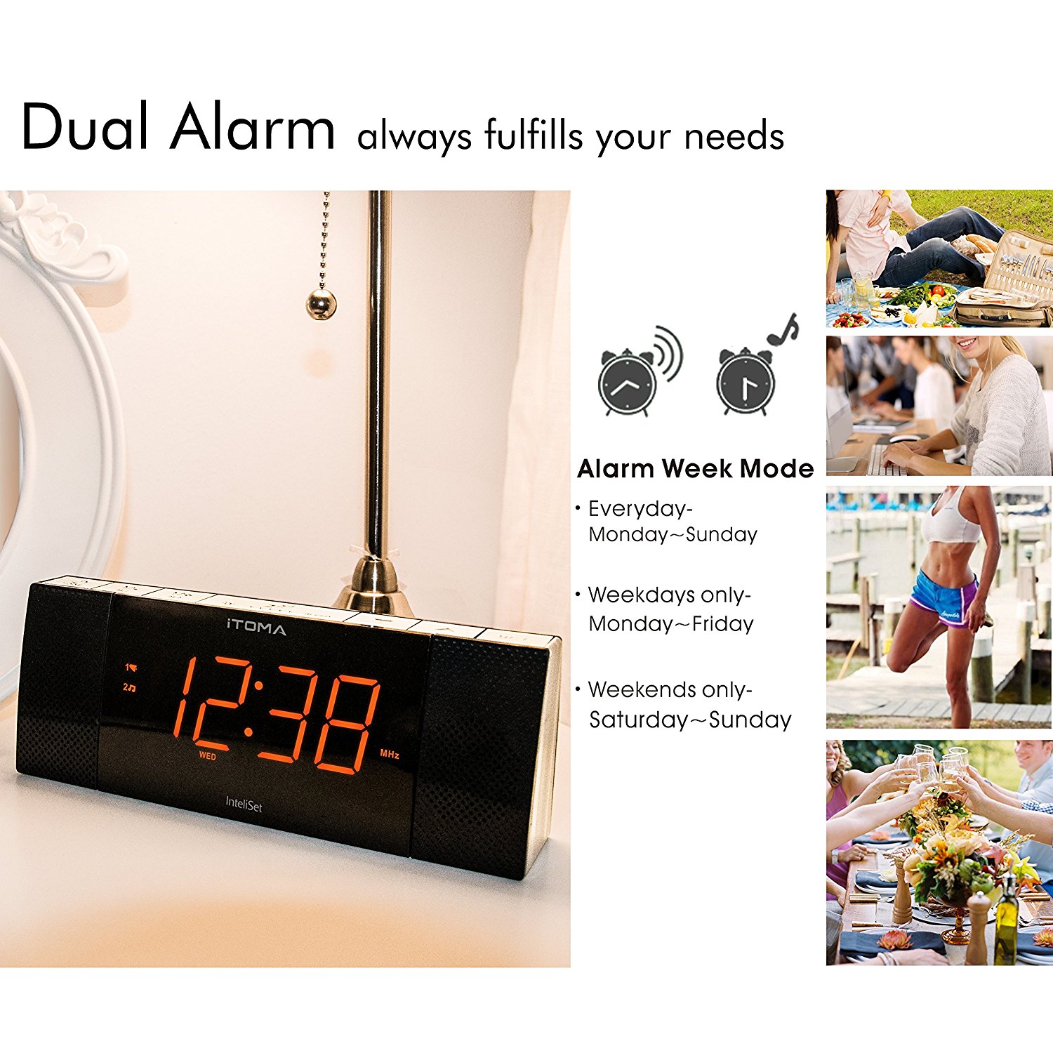 ITOMA Alarm Clock with Digital FM Radio, Bluetooth, AutoTime Setting