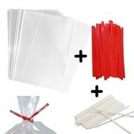 100 4x6" Clear Food Safe Favor Treat Bags, 4" Paper Red Twist Ties and 6" Paper Lollipop Sticks - 1.5mils Thick... N5