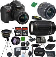 Nikon D3400 - International Version (No Warranty), 18-55mm f/3.5-5.6 DX VR, Nikon 70-300mm f/4-5.6G, 2pcs 16GB... N3