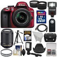 Nikon D3300 Digital SLR Camera &amp; 18-55mm G VR DX II (Red) with 55-200mm VR II Lens + 32GB + Case + Tripod + Flash...