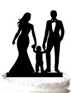 Buythrow Happy Family Wedding Cake Toppers with Boy, Bride and Groom Silhouette Black