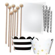 Cake Pop and Candy Packaging, Wooden Lollipop Sticks, Clear Bags, Gold and Black Wrappers, Twist Ties, 96 Pieces