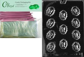 Cybrtrayd Mdk50PKBk-D017 &quot;Cameo in Lace Moms&quot; Chocolate Candy Mold with Bundle of 50 Cello Bags, 50 Pink Twist... N3