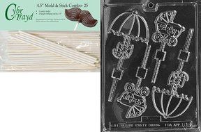 Cybrtrayd 45St25-B016 Carriage and Umbrella Lolly Baby Chocolate Candy Mold with 25-Pack 4.5-Inch Lollipop Sticks