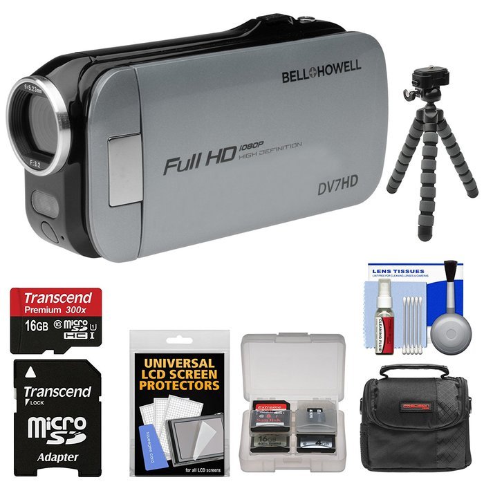 Bell & Howell Slice2 DV7HD 1080p HD Slim Video Camera Camcorder (Gray) with 16GB Card + Case + Flex Tripod + Kit
