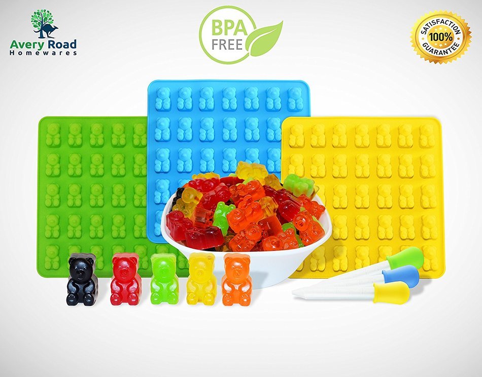 BIGGER Gummy Bear Mold Silicone 3 PACK - 3 DROPPERS + RECIPE PDF ~ LARGE LFGB FDA Gummy Bears molds non BPA Candy... N2
