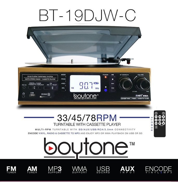 Boytone BT-19DJW-C 3-speed Turntable, 2 Built in Speakers Large Digital Display AM/FM, Cassette, USB/SD/AUX/MP3... N7