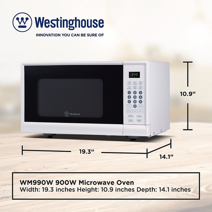 Westinghouse WM009 900 Watt Counter Top Microwave Oven, 0.9 Cubic Feet, Stainless Steel Front with Black Cabinet N13