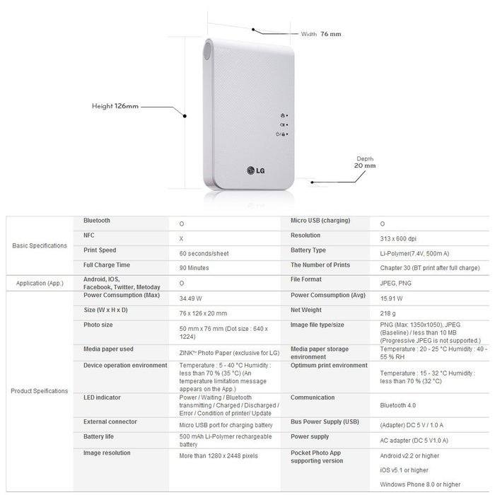 New LG Portable Mobile Pocket Photo PD241T Printer [White] (Follow-up model of PD239) Bluetooth Wireless Printing... N6