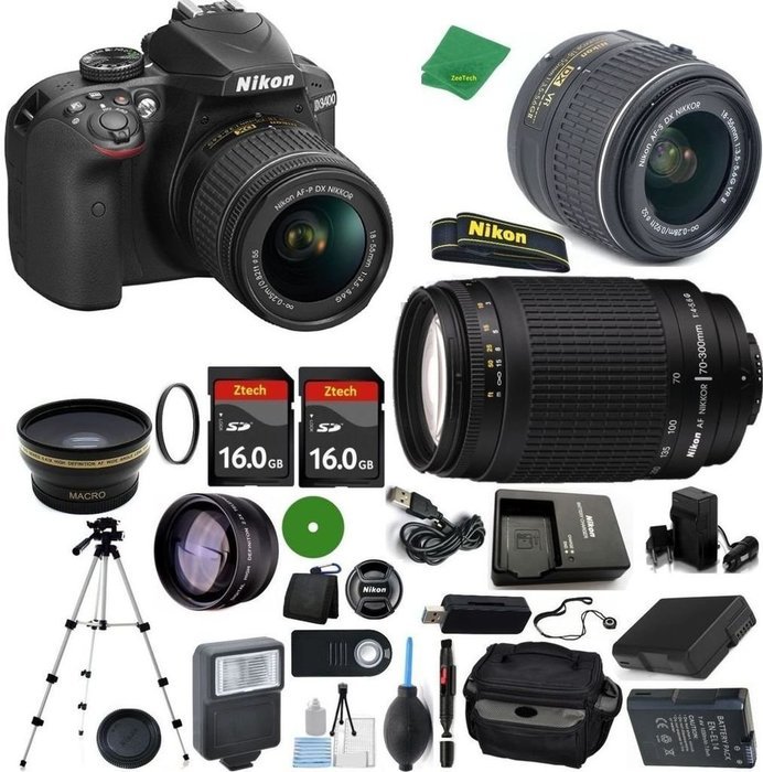 Nikon D3400 - International Version (No Warranty), 18-55mm f/3.5-5.6 DX VR, Nikon 70-300mm f/4-5.6G, 2pcs 16GB... N3