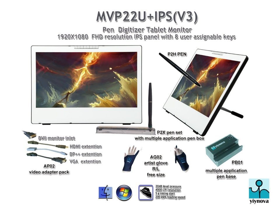 Yiynova MVP22U(V3) Tablet Monitor,IPS Panel, DVII Digital Input (Mac & Windows) N3
