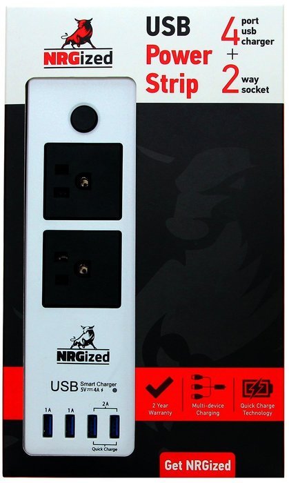 Power Strip NRGized C300 with 2-AC Outlets and 4 USB Charging Ports 5-Ft Cord (Black/Blue) N4