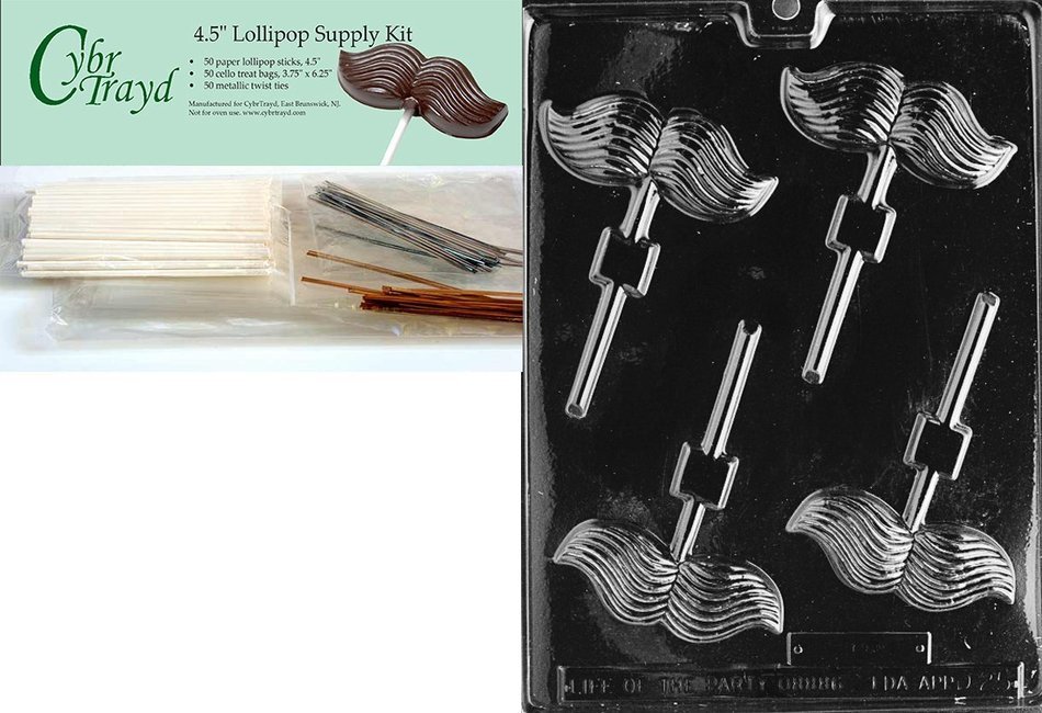Cybrtrayd D025 Mustache Lolly Chocolate Candy Mold with Exclusive Cybrtrayd Copyrighted Chocolate Molding Instructions