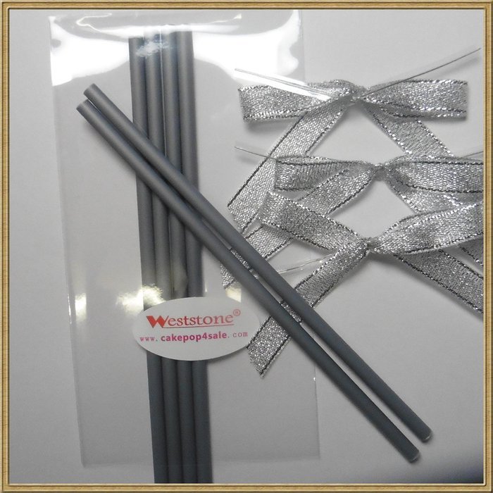 Silver sticks and Bows - 50pcs 6" Plastic Lollipop Sticks for Cake Pops or Lollipop Candy (Silver sticks+Bows) N2